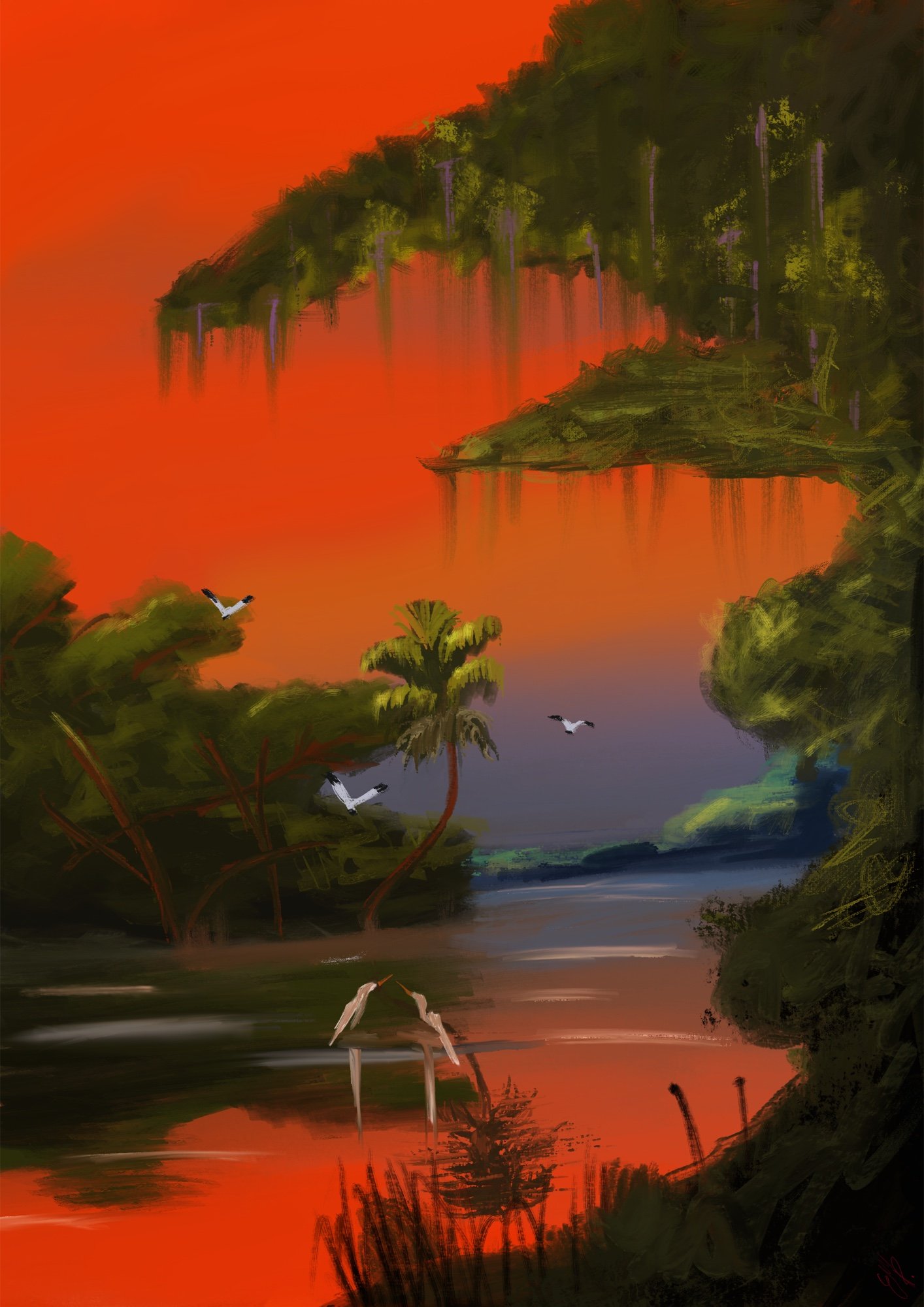 Paisaje digital en tonos naranja y verde con vegetación y aves