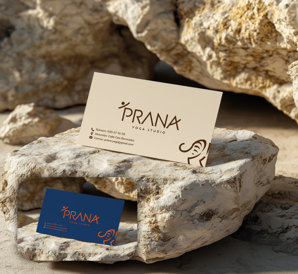 Tarjetas de contacto de Prana fotografiadas sobre piedra