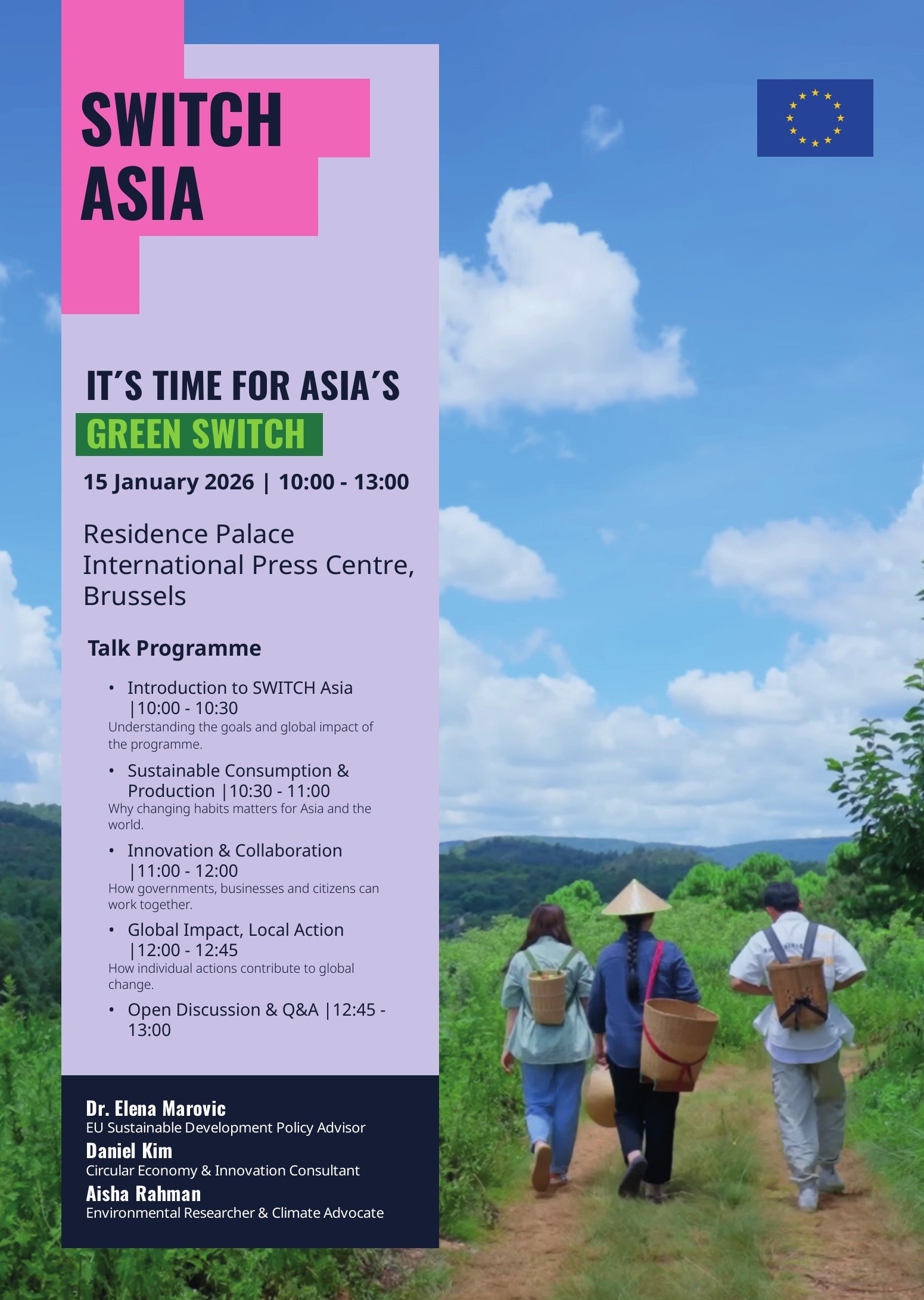 Cartel SWITCH-Asia con una comunidad caminando por un paisaje rural